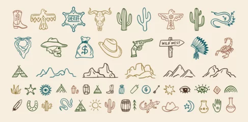 Wild west cowboy doodle icon set. Hand drawn boho signs collection. Aztec southwestern elements set.