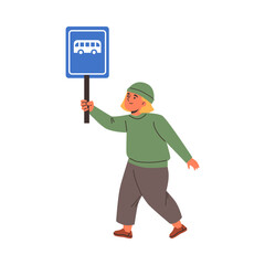 Boy walks holding a blue Bus stop sign in one hand.