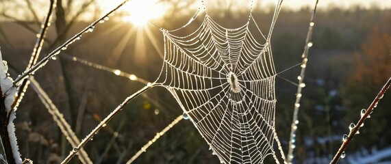 Sharp detail of frosty spider web on a crisp autumn morning dewdrops glistening in the sunlight