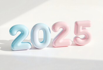 2025 3d letters in pink and blue pastel on white background