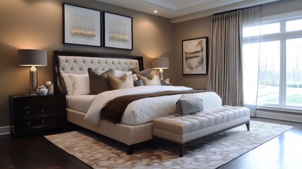 Modern Bedroom Interior with Plush Bed, Ottoman, and Window View