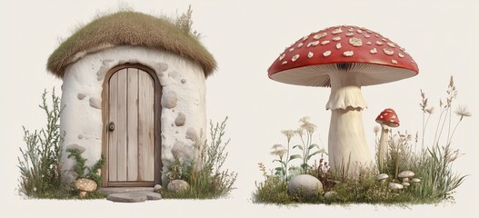 Enchanting mushroom house with stone walls and wooden door in a natural setting