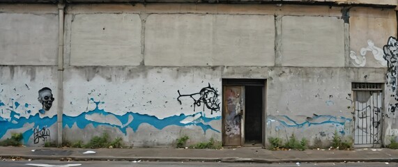 Textured concrete wall with peeling paint showcasing layers of urban decay and street art merging into one