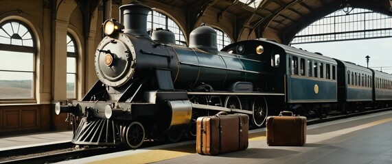 Vintage train station with a locomotive ready to depart travelers with old suitcases full of anticipation