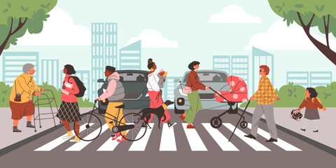 Pedestrians crossing street zebra, vector crowd of diverse people crossing road at crosswalk, transport traffic control