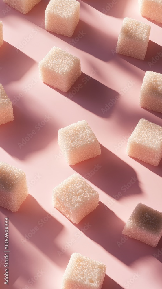 Poster Refined sugar cubes are arranged diagonally on a vibrant pink backdrop, casting shadows that create a visually striking pattern, prompting reflection on sugar consumption and its implications