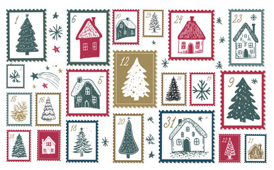 Advent calendar with house and tree on white, hand drawn illustrations.	