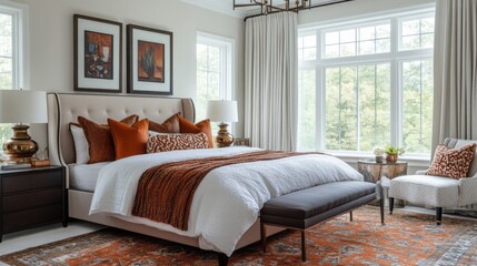 Fototapeta premium Luxurious Bedroom with Upholstered Bed, Orange Pillows, and Area Rug