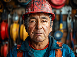Fototapeta premium Veteran Worker with Red Helmet and Industrial Tools