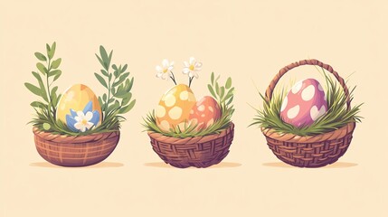 A flat vector set featuring adorable Easter compositions, including painted eggs nestled in baskets and nests. Perfect for celebrating the spring holiday with cute and festive designs.