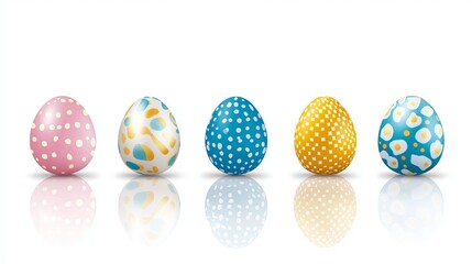 Obraz premium A collection of colorful Easter eggs, each featuring a unique pattern, with a subtle reflection on a white background. This vibrant set highlights various designs, perfect for festive decoration.