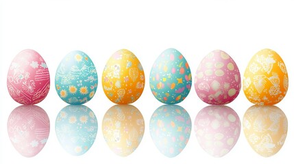 Fototapeta premium A collection of colorful Easter eggs, each featuring a unique pattern, with a subtle reflection on a white background. This vibrant set highlights various designs, perfect for festive decoration.