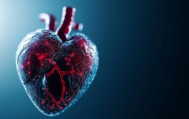 Realistic 3D human heart anatomy with intricate details on blue background, showcasing complexity and beauty of human circulatory system