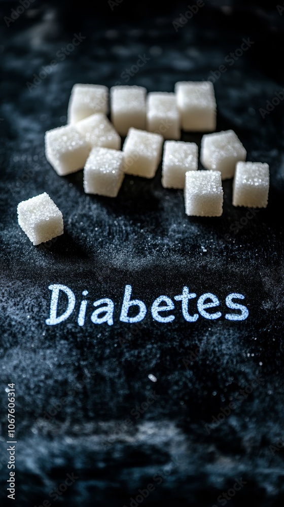 Poster White sugar cubes are scattered on a dark surface with the word diabetes written in sugar, creating a visual representation of the health risks associated with excessive sugar consumption