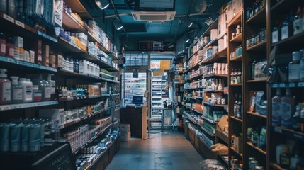 Interior of a pharmacy with stocked shelves and products