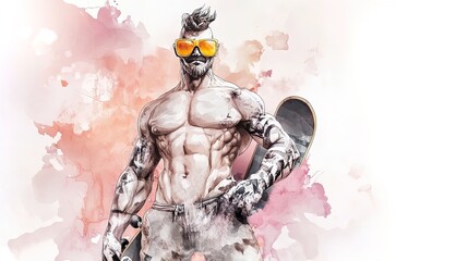 Vibrant Marble Statue of a Muscular Skater in Yellow Sunglasses: Perfect Poster for Sports Interiors and Urban Decor