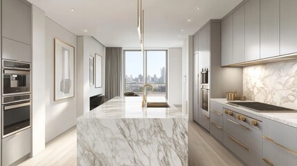 Modern Kitchen with Marble Island and City View