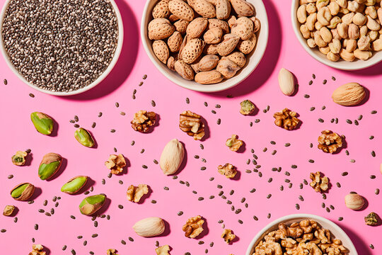 Semillas de ch&iacute;a, s&eacute;samo, nueces y pistachos. Frutos secos sobre un fondo rosa. Vista superior