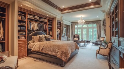 Fototapeta premium Elegant luxury bedroom suite, spacious walk-in closet, lavish furnishings, sophisticated decor, serene ambiance, perfect for relaxation and comfort, ideal for upscale living environments