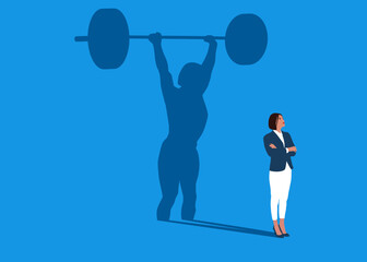 Businesswoman dreams of becoming a weightlifting. Confident young elegant woman throws away shadow at his strong athlete weight lifting with barbell.  