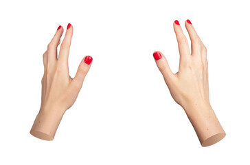 Two female hands reaching out with red polished nails, fingers spread and slightly curved, giving a...