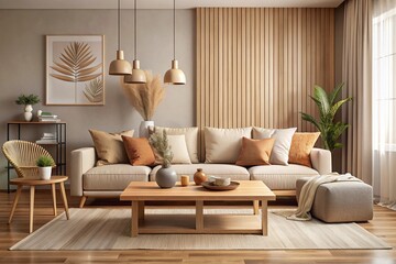 Beige couch, wooden coffee table, and light-colored rug in a living room with warm-toned walls and accents.