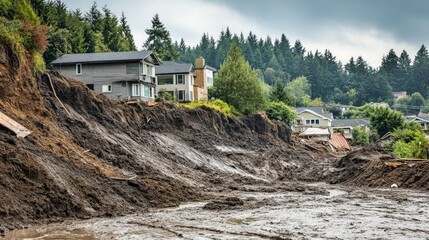 Landslide Destruction, a powerful landslide unleashes mud and rocks down a hillside, devastating homes below, showcasing the impact of heavy rainfall on vulnerable landscapes.