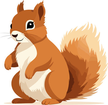 Cute fluffy squirrel with furry bushy tail standing on two paws. Flat graphic illustration isolated on transparent background. Forest animals collection vector art.