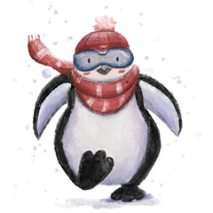 Watercolor illustration of cute happy penguin in winter red hat and scarf running under snow in ski goggles, ideal for prints on clothes, cards, posters, mascot, character