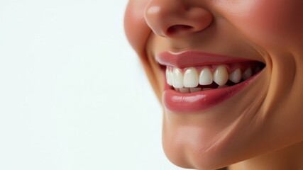 Laughing woman mouth with beautiful healthy white teeth on a white background. Place for text