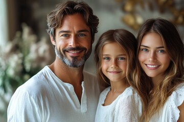 Happy family of three posing together in a bright living room filled with decor