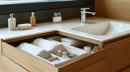 Modern bathroom design featuring smart storage solutions, elegant shelf organizers for toiletries and towels, maximizing space and enhancing functionality.