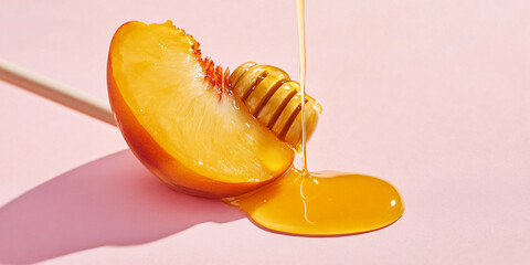 Peach and honey dripping, minimalist aesthetic, pink background