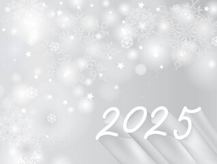 Happy New Year holiday blur background with snowflakes and lettering 2025. Winter Christmas snowy greeting card. Noel holiday winter snowy background.
