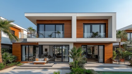 Fototapeta premium Stylish modular townhouses with clean white walls and contrasting wooden cladding, ideal for modern urban architecture.