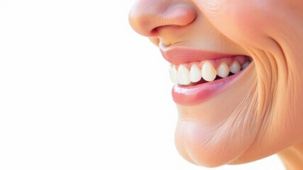 Laughing woman mouth with beautiful healthy white teeth on a white background. Place for text