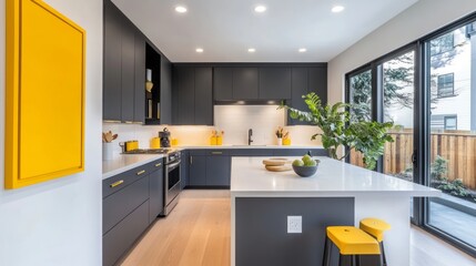 Fototapeta premium Modern Kitchen with Yellow Accents and a Large Window