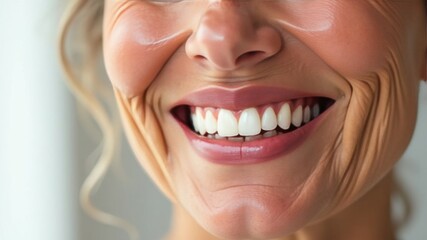 Obraz premium Laughing woman mouth with beautiful healthy white teeth on a white background. Place for text