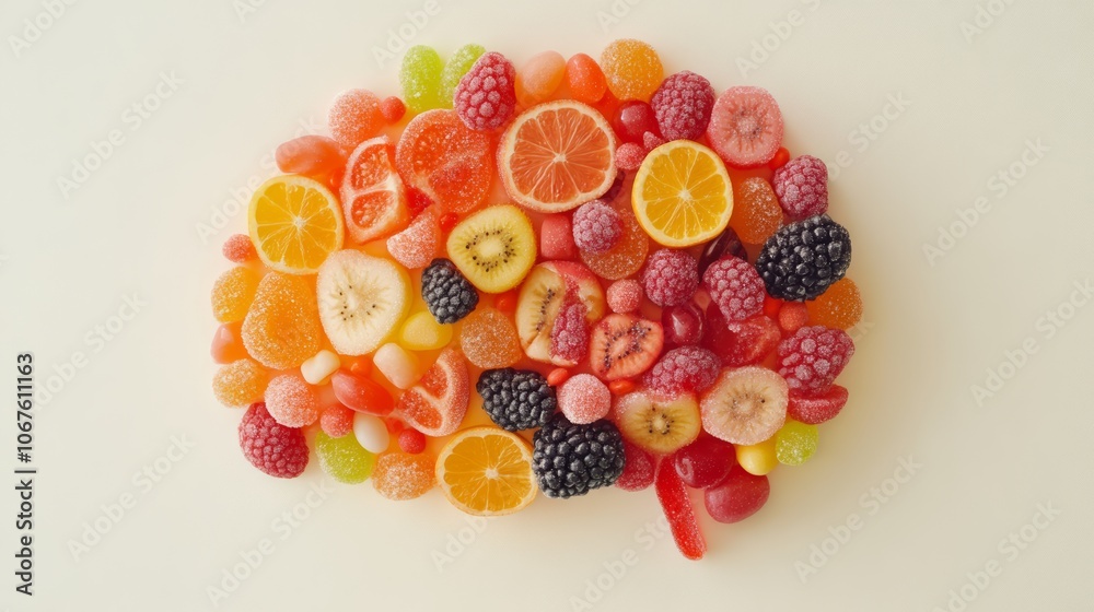 Poster Colorful gummy candies and fruit slices arranged in the shape of a human brain on a white background represent the concept of sugar consumption effects on cognitive functions and overall health