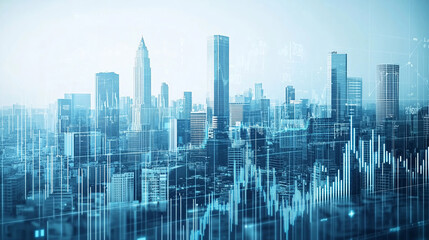 Obraz premium Illustration of digital city skyline with financial graph overlay.