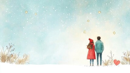 A romantic, winter scene featuring a couple gazing at falling stars, surrounded by snow and a serene blue sky.