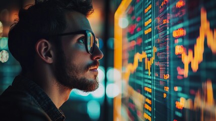 Young man analyzing stock market charts on screen