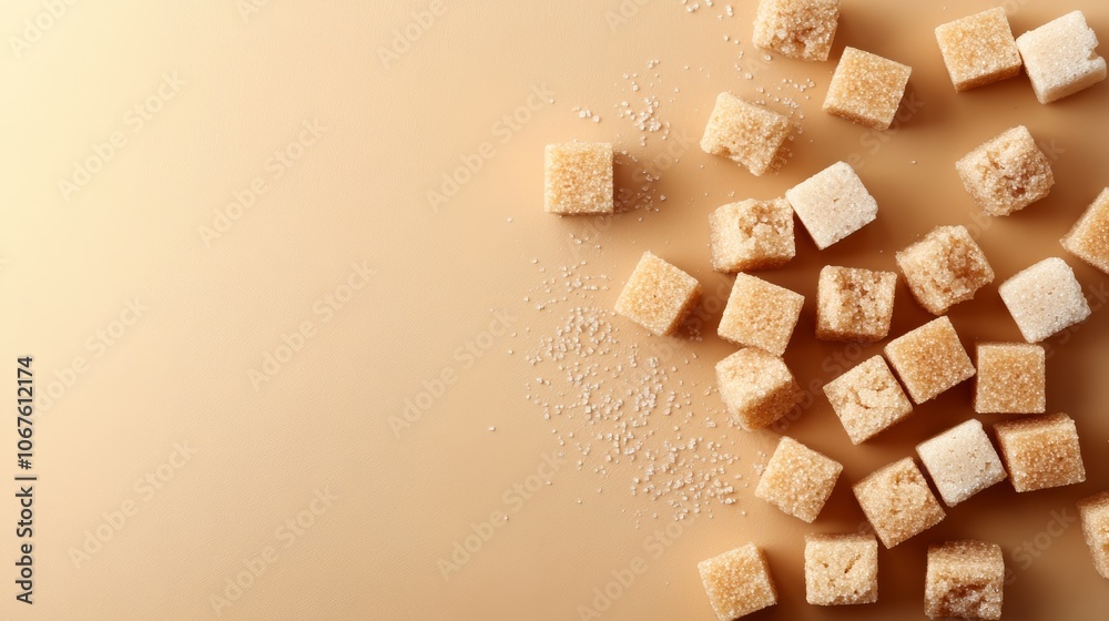 Poster Brown sugar cubes are scattered on a beige background, creating a diagonal composition with copy space, ideal for promoting sugar reduction, no added sugar, or a low sugar lifestyle