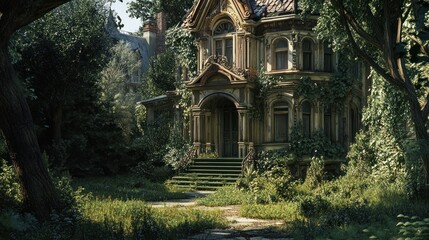 Fototapeta premium An overgrown Victorian mansion stands alone in a thicket of trees.