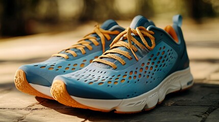 Naklejka premium Dynamic running shoes showcasing vibrant athletic laces, emphasizing superior comfort and performance, ideal for training enthusiasts seeking optimal support and style