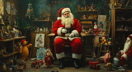 Santa Claus sits in a chair surrounded by toys in a workshop