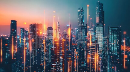 Fototapeta premium Real estate growth and stock market candlesticks over skyscrapers