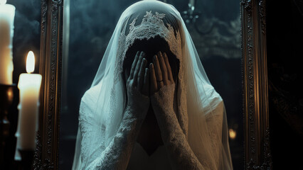 Mysterious Veiled Woman Reflecting in Antique Mirror