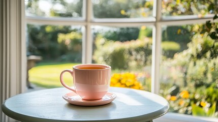 Pastel Pink Mug with Herbal Tea Overlooking a Serene Garden, a cozy scene capturing tranquility and comfort in a bright, inviting space with lush greenery outside.