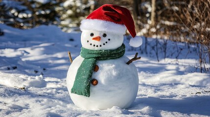 Obraz premium Cheerful Snowman in Red Santa Hat and Green Scarf: Perfect Poster for Winter Sports Decor or Holiday-Themed Room